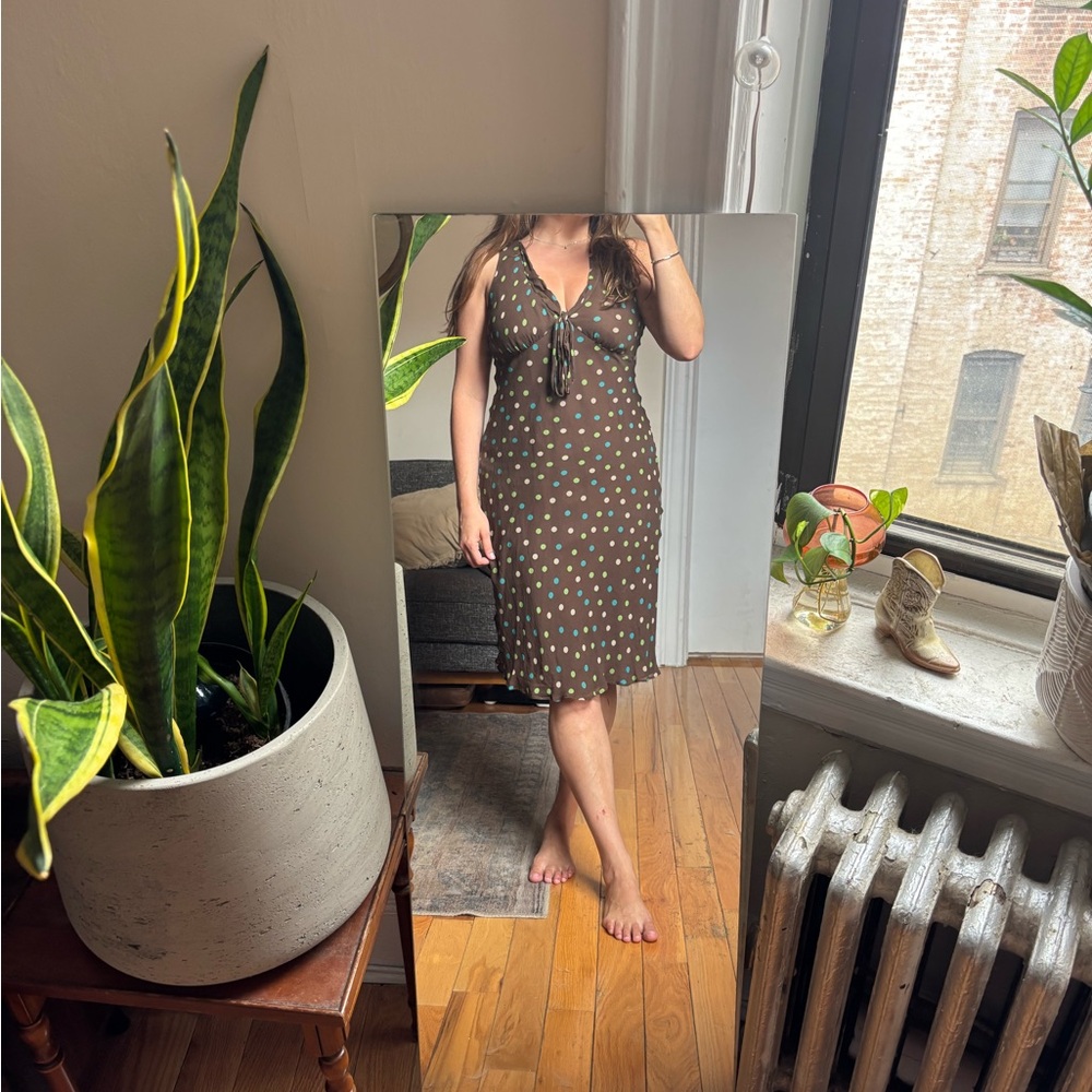 Vintage Mix It Brown Midi Dress with Blue and Green Polka Dots